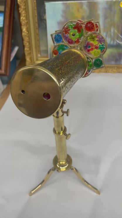 Large Floral Brass Parlor Kaleidoscope with a unique 3 Mirror systems and 2 Colorful Resin Wheels